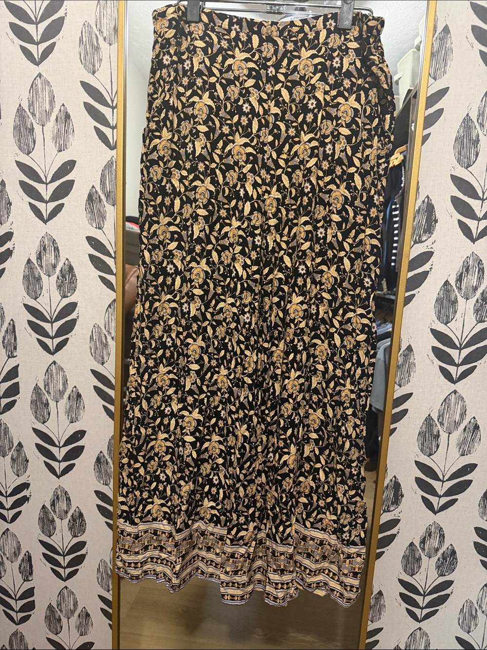 Rip Curl Black wide leg “fun” pants with Gold Floral Motif